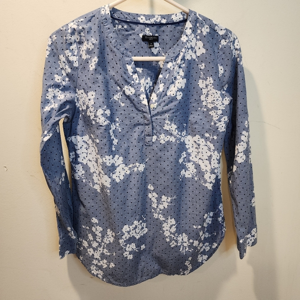Talbots Blue Floral Dot Split-Neck Long-Sleeve Top Size P